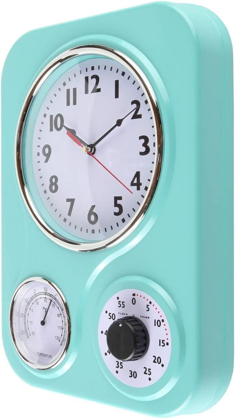Retro-style Kitchen Wall Clock with Thermometer and 60-Minute Timer 9.5x12.5inch
