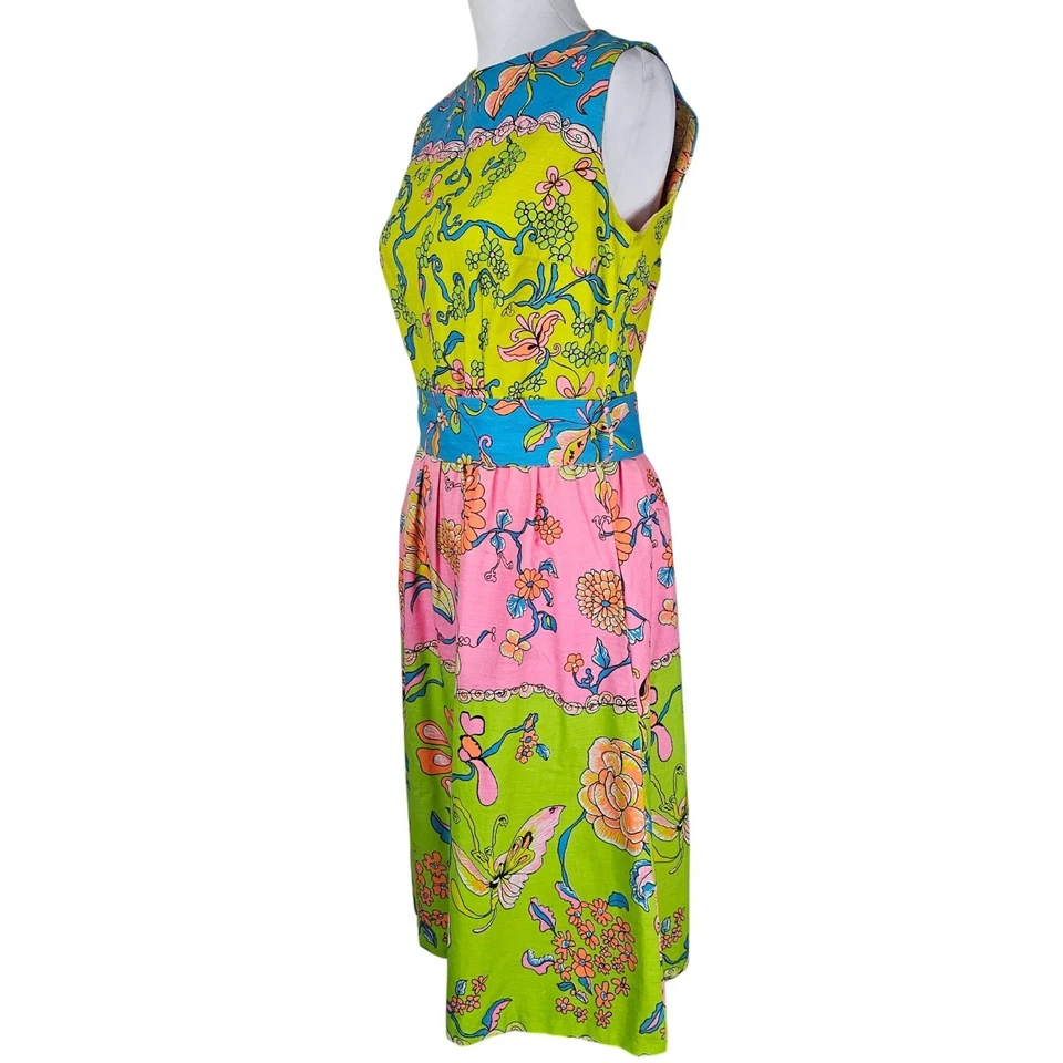 Vtg 60s 70s Psychedelic Mod Sleeveless Midi Dress M Hand Sewn Patchwork Neon - Image 2 of 4