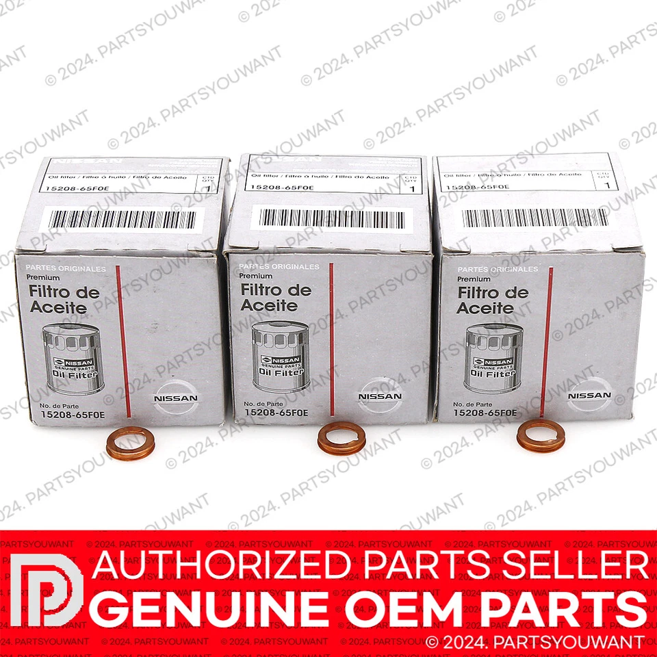 Filtro de aceite de motor original Nissan Infiniti OEM + junta de lavadora 15208-65F0E paquete de 3 Foto 2 de 4