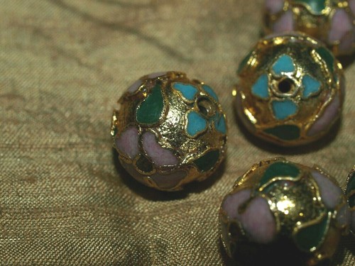 ONE Grande Vintage Smalto Cinese Cloisonné Oro Perline Foglie Fiori Tondo 14mm - Foto 4 di 10