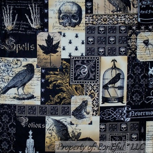 BonEful Fabric FQ Cotton Quilt Black Brown Gray Skull Magic Frog Owl Bird Bat UK - Picture 9 of 12