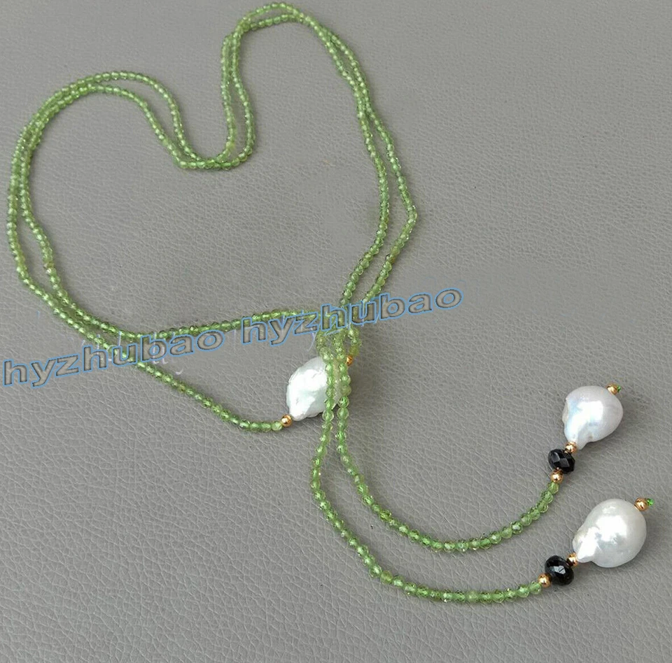 Collar colgante de perlas barrocas Keshi blancas naturales gema de peridoto verde facetado de 3 mm Foto 3 de 4