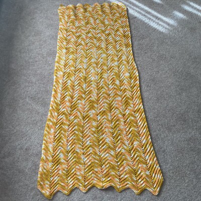 Vintage Afghan Granny Zig Zag Orange Yellow White Lap Blanket Throw 63x27