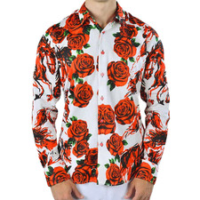 Mens Long Sleeve Button Down Dress Shirt White Red Rose Wild Horse Designer New