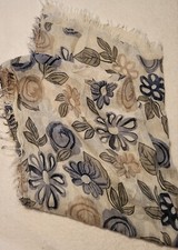 Made in Italy Large Floral Semi-Sheer Scarf Lightweight Fringe Blue Gray 70x32