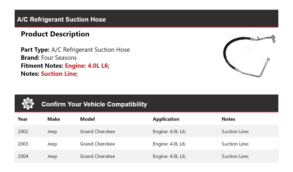 Mangueira de sucção refrigerante 4 estações para 2002-2004 Jeep Grand Cherokee 4.0L L6 A/C - Imagem 2 de 4