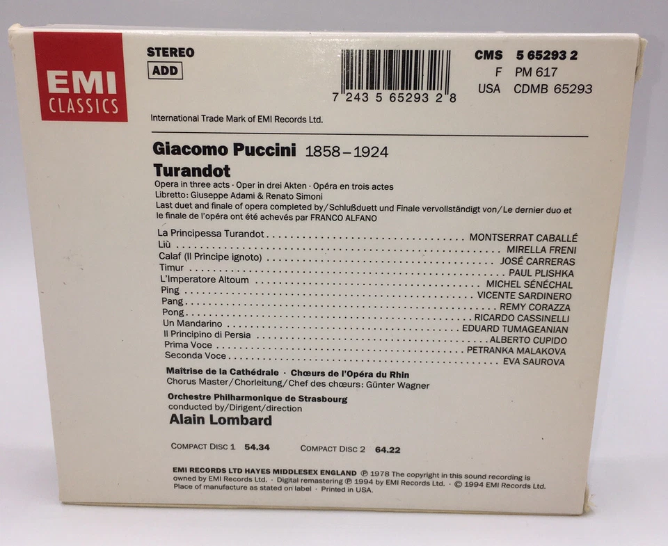 Puccini Turandot (2 CD, Sep 1994) EMI Classics OPERA  Conductor Alain Lombard Foto 2 de 4