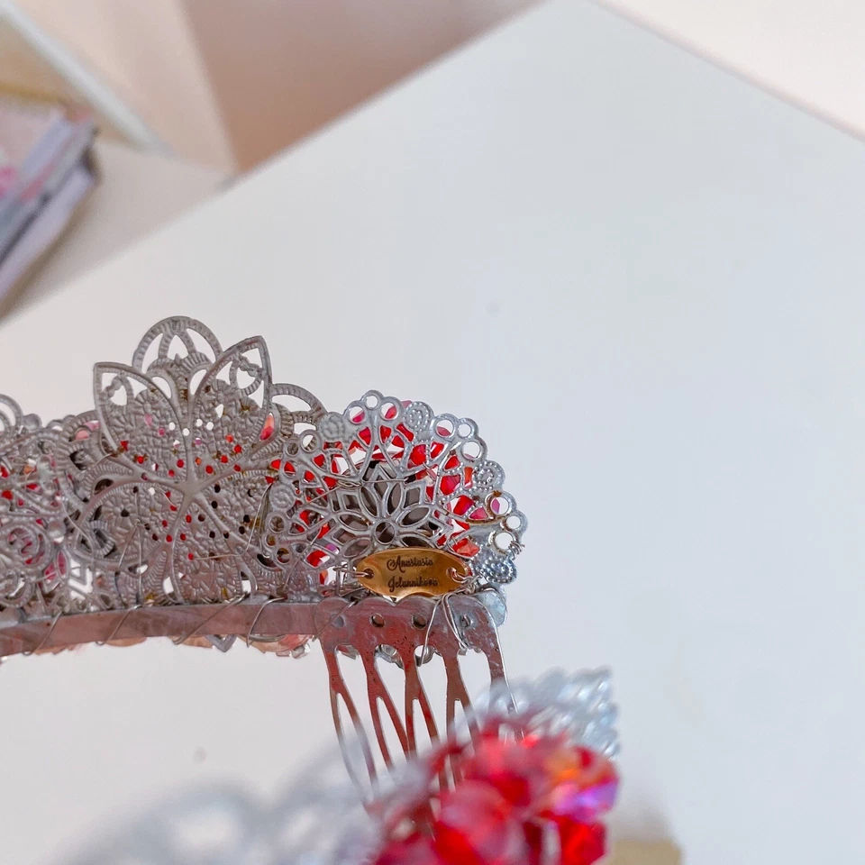 DIADEMA DE PELO NUPCIAL REINA CORONA ESTRÁS ROJO BODA TIARA CRISTAL CONCURSOS Foto 3 de 4