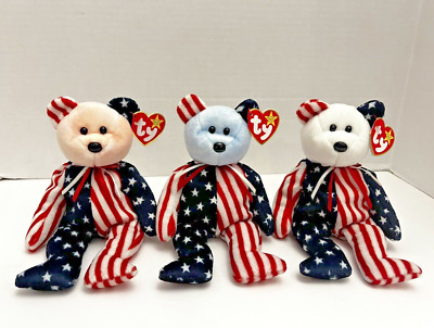 Ty Beanie Babies-SPANGLE- Red, White & Blue Head Bears lot of 3 1999 USA