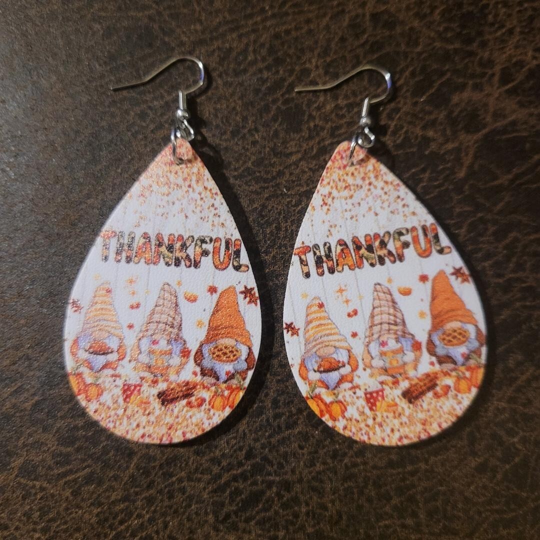 Lightweight Faux Leather Thankful Gnomes Teardrop Dangle Earrings