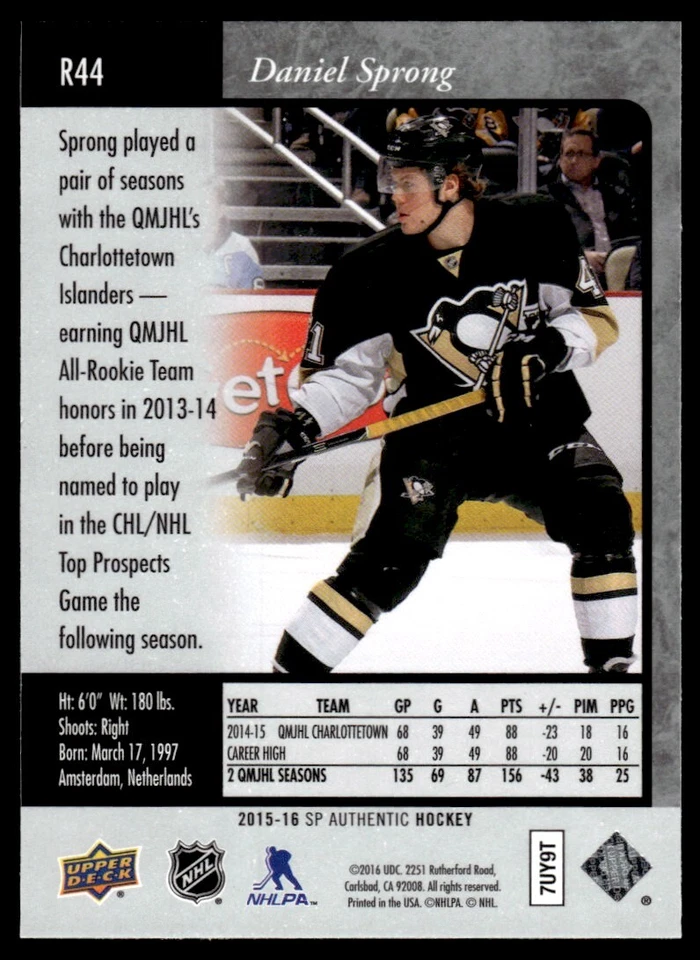 2015-16 SP Authentic 1995-96 Retro Daniel Sprong Rookie Pittsburgh Penguins #R44 - Image 2 of 2