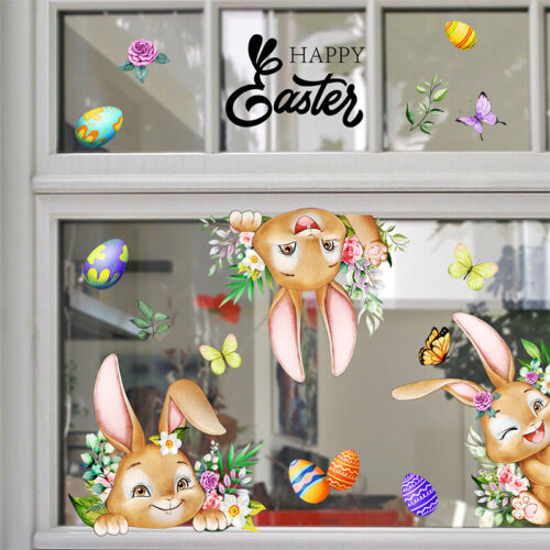 Autocollants de fenêtre Joyeuses Pâques lapin œufs de Pâques fleurs papillon verre autocollant - Photo 1 sur 6