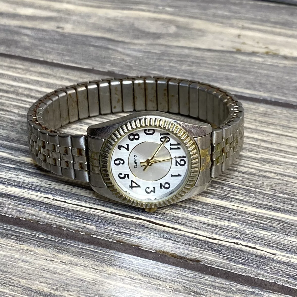 Vintage Metal Elastic Band Ladies Quartz Silver Gold Watch Analog