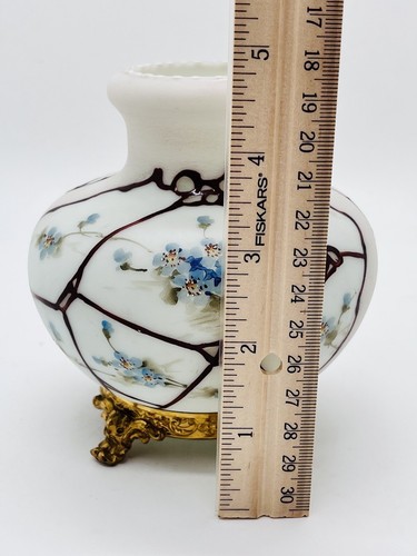Wavecrest Glass-Squatty Vase-Nakara Style-Floral Scene & Ormolu Feet-Beaded Rim - Picture 23 of 24