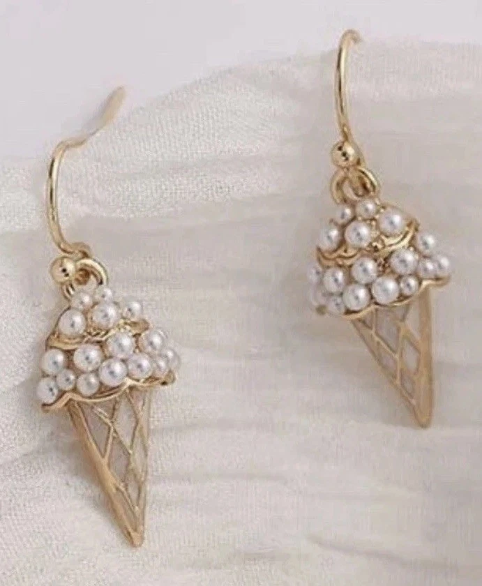 Pendientes de cono de helado de perlas de imitación de plata de ley 925 enchapados en oro de 14k nuevos sin etiquetas Foto 2 de 4