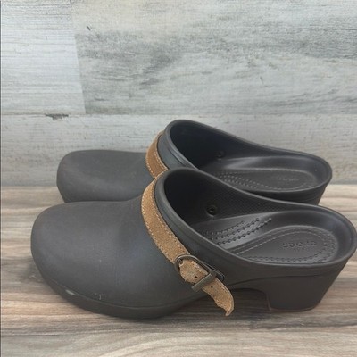 Crocs Women s Sarah Espresso Brown Suede Leather Belted Slip On Mules Clogs 8