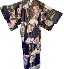 Kimono Robe Made in Japan Medium Cotton Black With Flower Blossoms Missing Sash