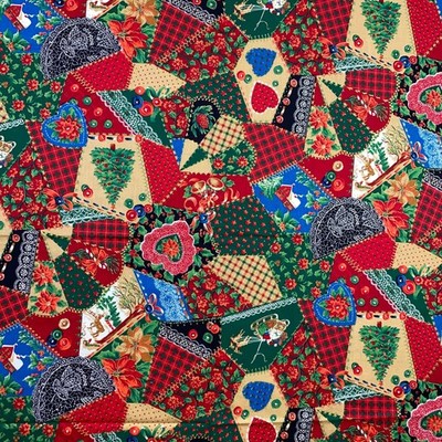 VTG Concord Fabrics Christmas Crazy Patchwork Cheater Quilt Kesslers 3/4 yd