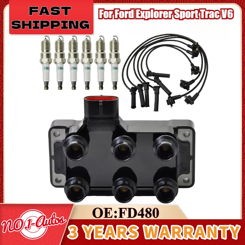 Ignition Coil & 6 Spark Plugs with Wires for Ford Explorer Sport Trac V6 4.0L FD480