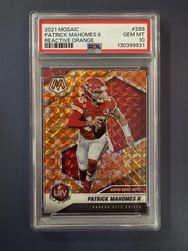 PATRICK MAHOMES II 2021 MOSAIC SUPER BOWL MVPS REACTIVE ORANGE PSA 10 #288