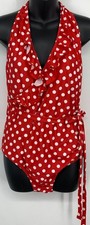 NEW ModCloth Womens One Piece Swim Suit XL Red Polka Dot Halter Ruffle Tie Waist
