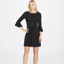 TAHARI ARTHUR S. LEVINE 3/4 Bell Sleeve Lace Up Shift Mini Dress, 2 Black