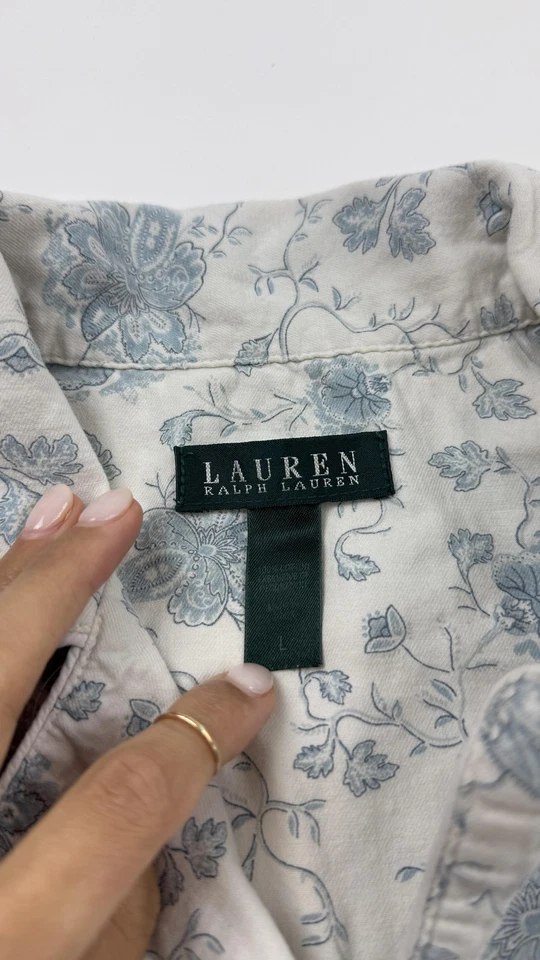 LRL Ralph Lauren Pajama Set Womens Large Blue White Floral Button Front Top - Image 4 of 4