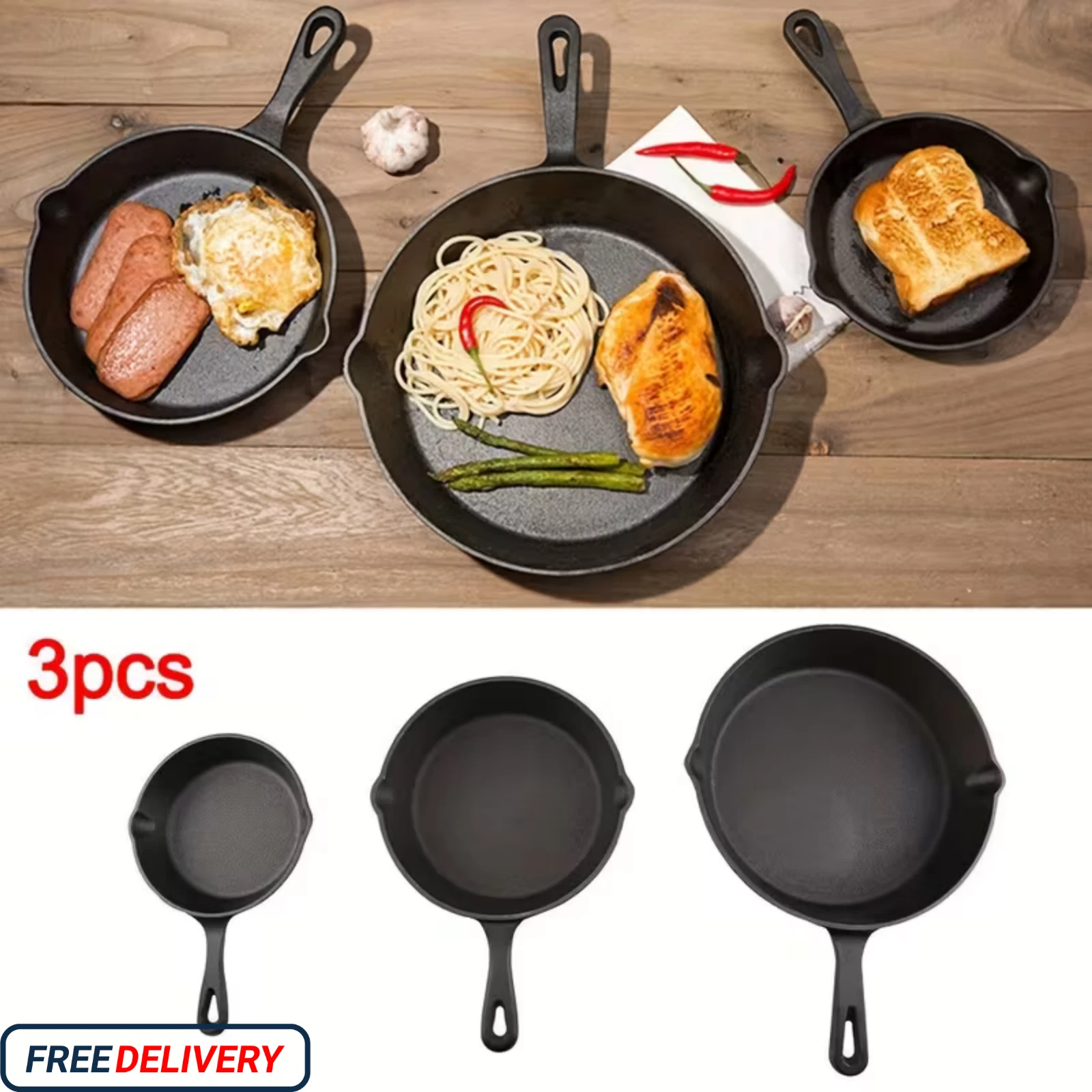 Set of 3 Black Non-Stick Cast Iron Griddle Pans for Barbecue And Frying