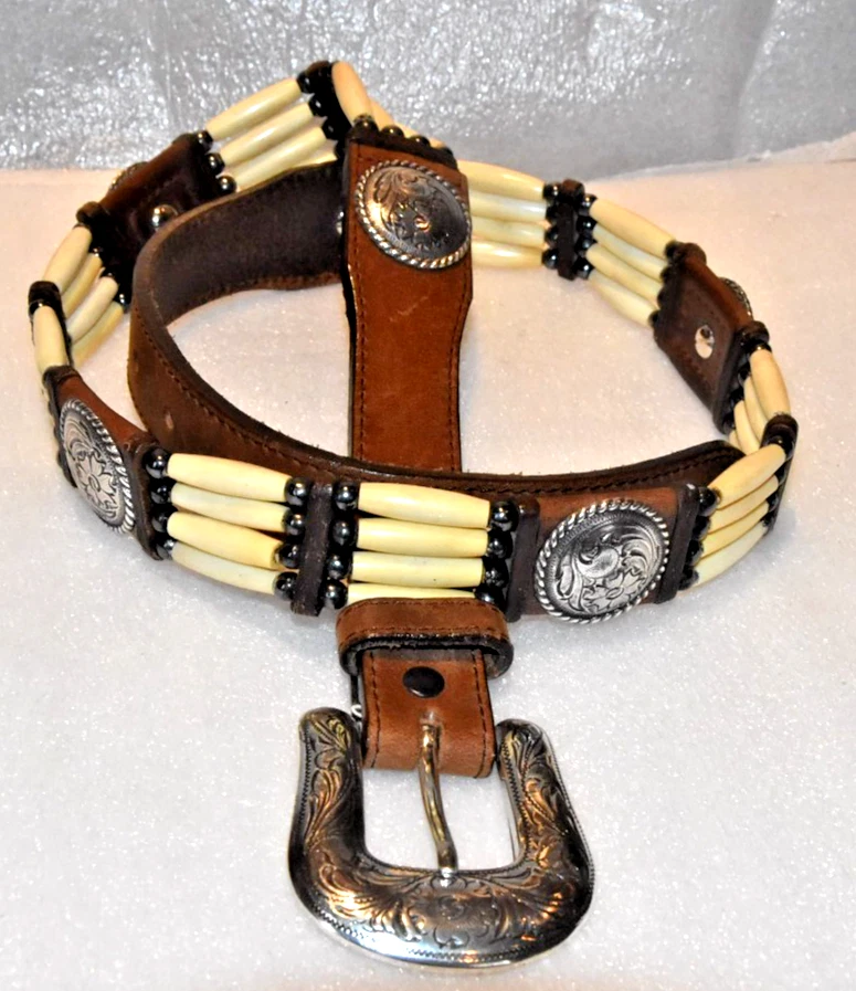 Vintage TONY LAMA 7159L Native Bone Bead Leather Silver Concho Western Belt 42 Vintage 90 main image 4