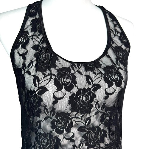 BLACK HEART NWT Women XL Black Sheer Floral Rose Lace Tank Lingerie Garter Clips - Picture 3 of 9