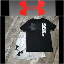 Under Armour black top and light gray shorts outfit, boy's size YSM