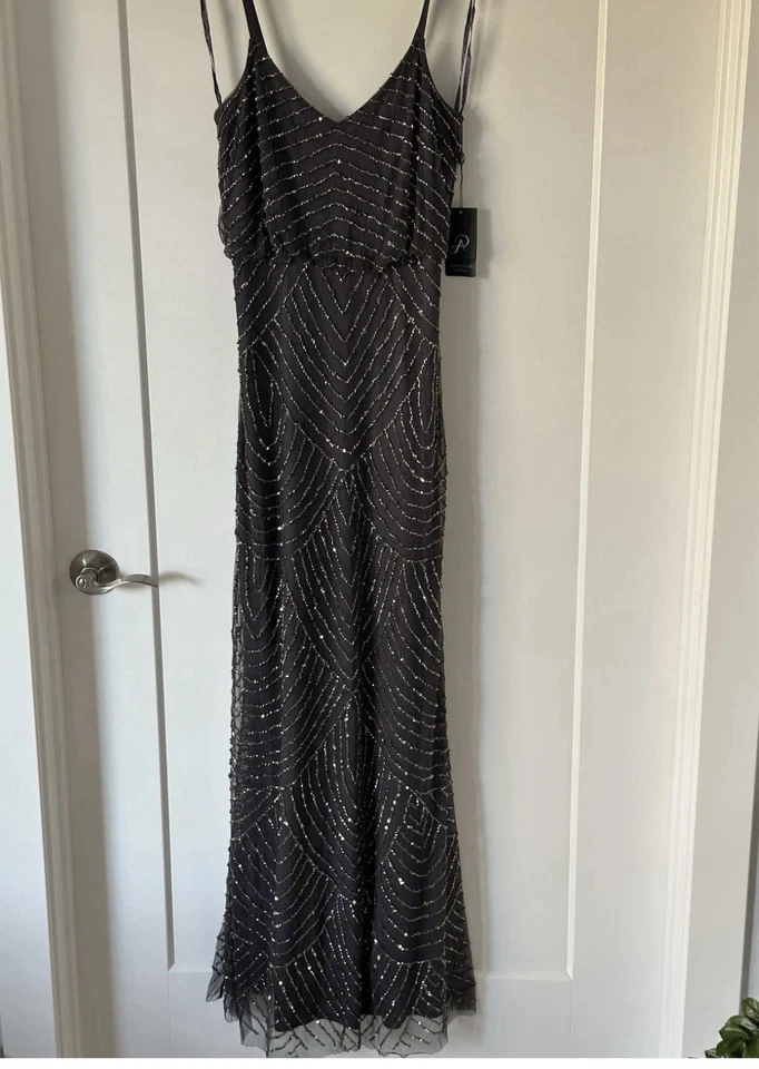 Nuevo con etiquetas Vestido Blusa Adrianna Papell Art Deco Con Cuentas en Gunmetal/Dorado Talla 14P Foto 3 de 4