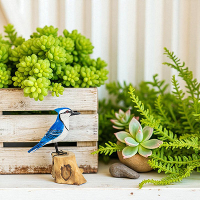 Wood Blue Jay Figurine Hand Carved Songbird Sculpture Nature Inspired Bird Decor