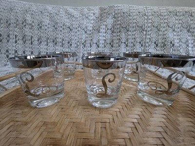 Mid Century Modern Monogrammed ''L'' Barware: Silver Rim Old Fashioned Glasses