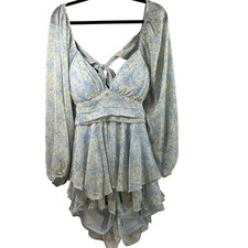 Altar'd State Dainty Yellow Blue Pastel Floral Open Back Romper Cottage Large
