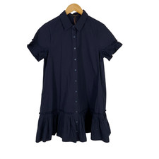 Quince Women 100% Organic Cotton Poplin Short Sleeve Ruffle Shirt Dress Navy S
