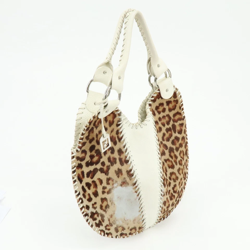 FENDI Unborn Calf Leather Tote Bag Leopard White Beige 8BR285 Authentic Used F/S - Image 4 of 4