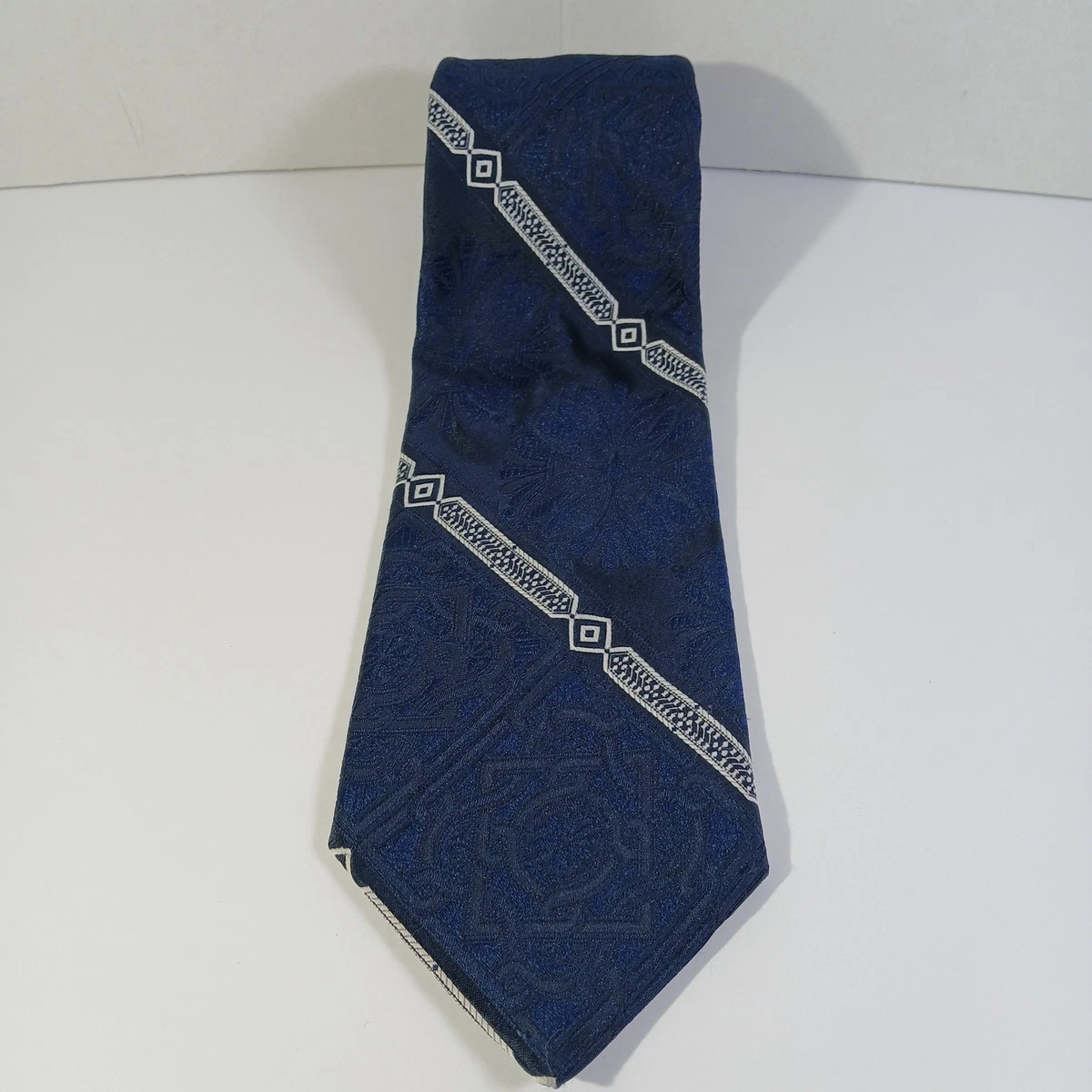 Cravate Vintage WEMLON By Wembley - Motif Carrés/diamants Bleus Et Beige, En Polyester, Occasion, Style Géométrique