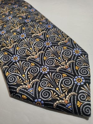 Robert Talbott Silk Filigree Floral Black, Silver, Gold, Lavender Extra Long Tie