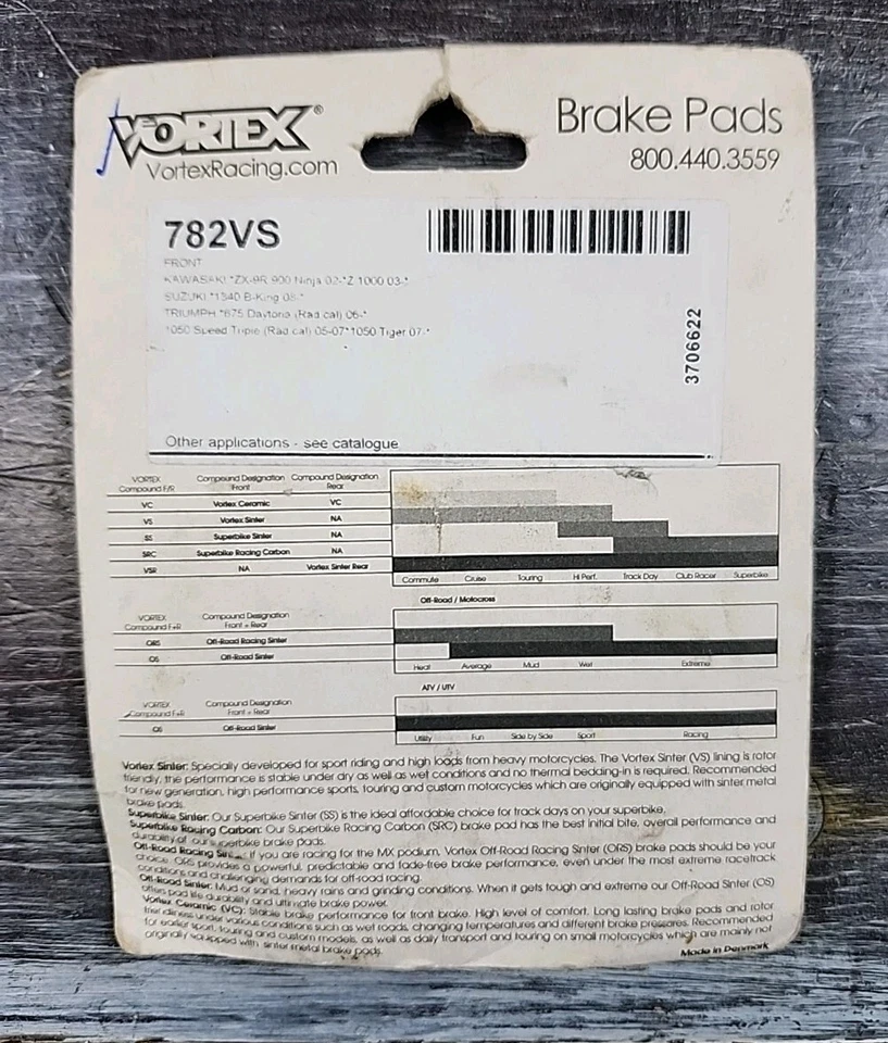 Pastillas de freno delanteras Vortex Racing Sinter Street 782VS Triumph 675 Daytona NOS Foto 3 de 3