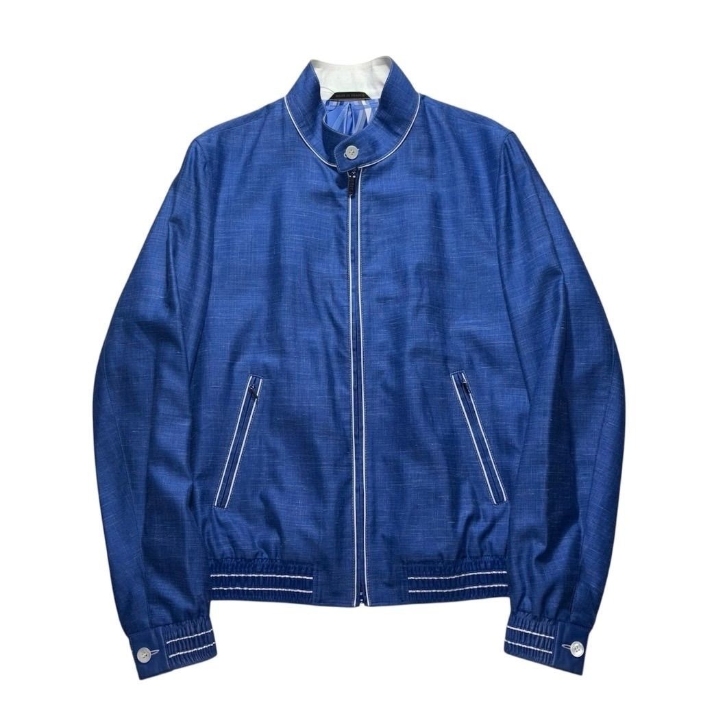 Zilli Leather Cashmere Silk Linen Blouson Jacket Blue 48 Excellent