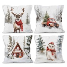 Winter Christmas Woodland Animals Throw Pillow Covers 18x18 Set of 4, Deer Re...