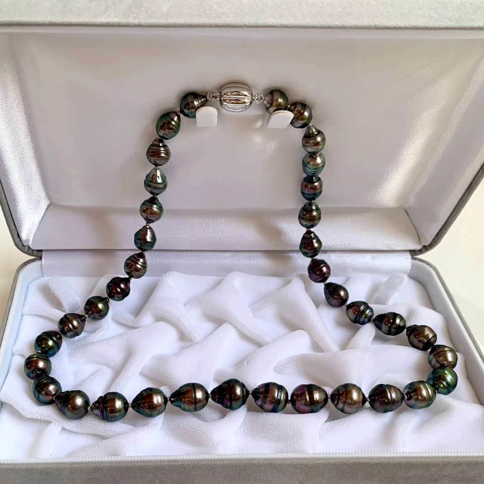 Collana di perle di Tahiti barocche verde-viola 8-11 mm argento sterling Clap... - Immagine 3 di 4