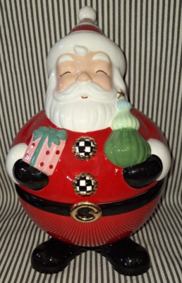 MacKENZIE CHILDS SANTA COOKIE JAR COURTLY CHECK BUTTONS GRANNY KITSCH CHRISTMAS