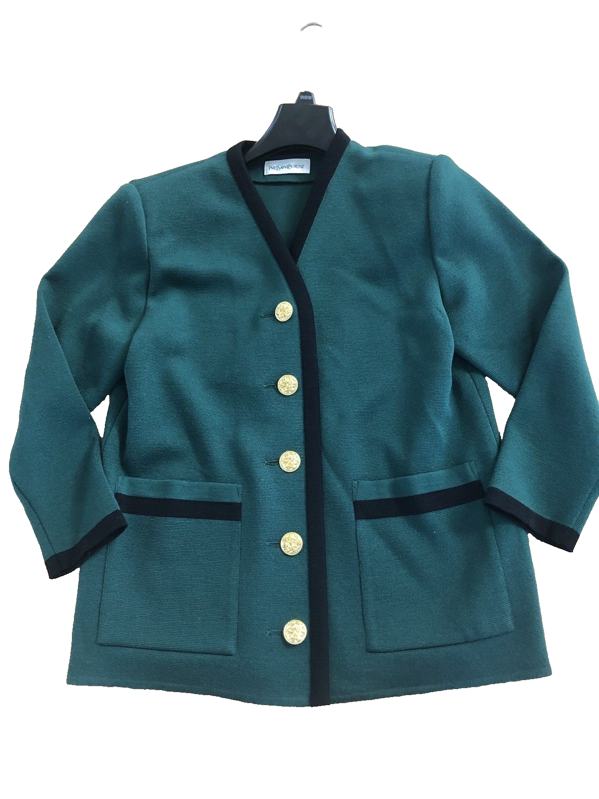 Yves Saint Laurent Giacca Cardigan Maglia Verde con Bottone Oro Vintage M