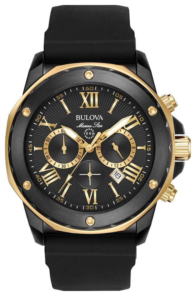 Bulova Men's Marine Star Quartz  Chronograph Calendar Black Watch 44 MM 98B278