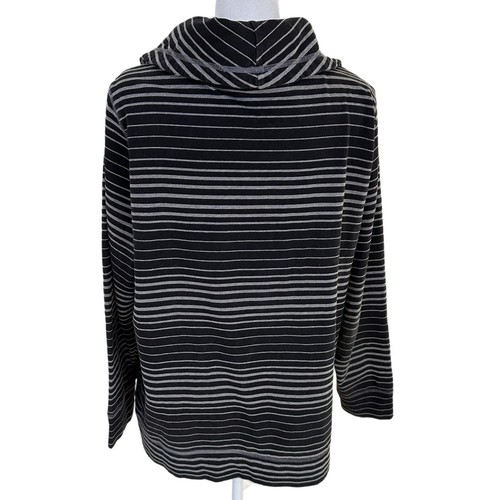 Made For Life Sweatshirt Women's L Gray Black Stripe Cowl-Neck Kangaroo Pocket - Picture 5 of 14