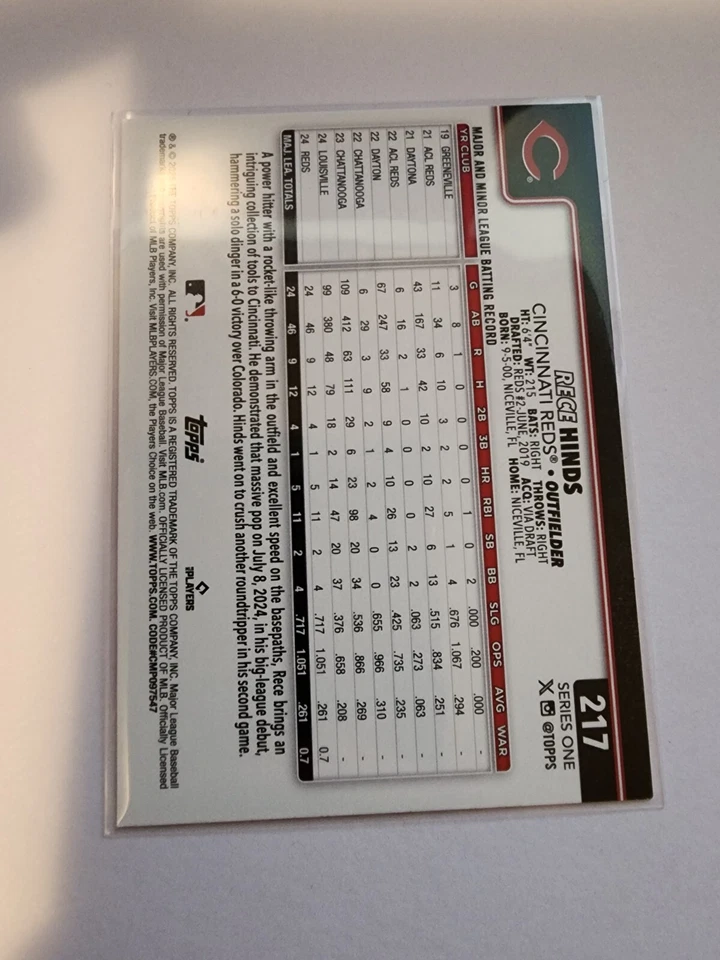 2025 Topps Series 1 Rece Hinds RC #217 Rainbow Foil - Image 2 of 2