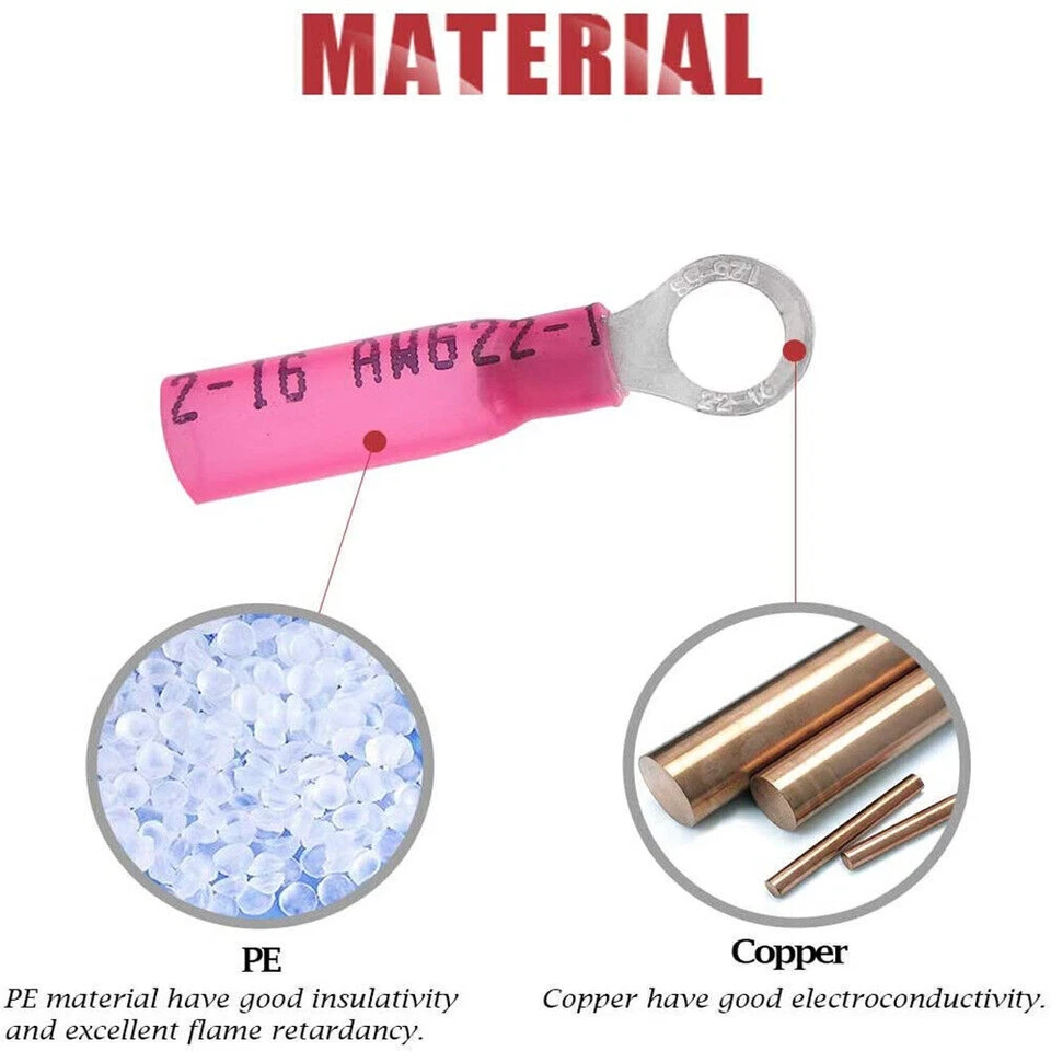 50-300X Red Heat Shrink Ring Terminals Wire Crimp Connectors #10 1/4"5/16" 3/8" - Image 3 of 4