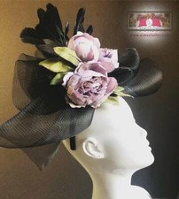 Kentucky Derby Hat Black Fascinator Silk Purple Peony Flowers Race Del Mar Races